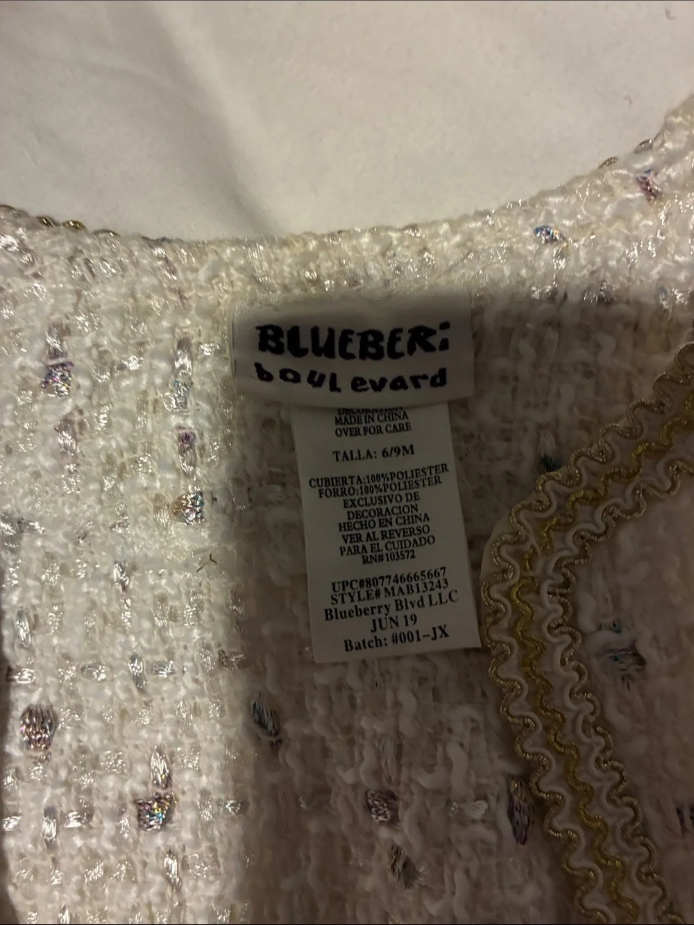 Girls Cream Tweed Jacket with Gold Trim by ZELLER